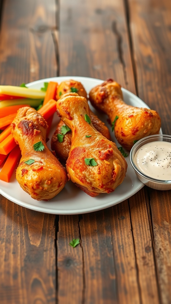 Crispy air fryer chicken drumsticks on a plate with dipping sauce and vegetable sticks.